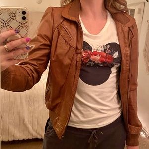 Topshop 100% leather tan bomber jacket